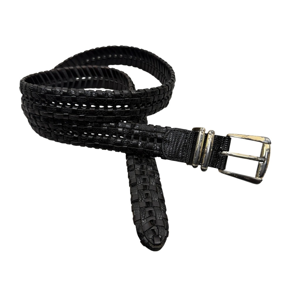 Calé Belt Mens OS Black Woven Leather Made in Spain Lizard Embossed Silver 1.25"